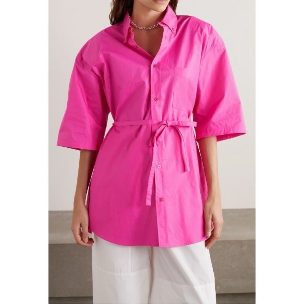 NWT FRANKIE SHOP Udine Ultra Oversized Belted Fuchsia Cotton Button Up Shirt